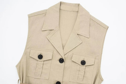 Summer Casual Fashion Belt Waist Vest Lapel Sleeveless Single-breasted Dress CODE: KAR2804