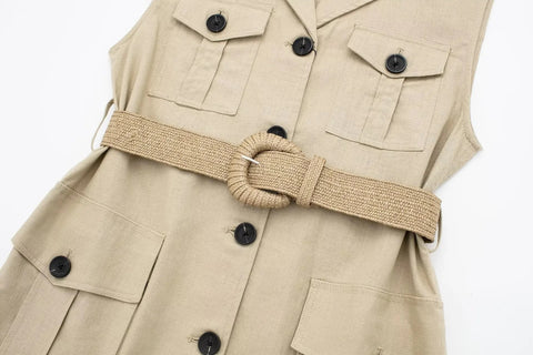 Summer Casual Fashion Belt Waist Vest Lapel Sleeveless Single-breasted Dress CODE: KAR2804