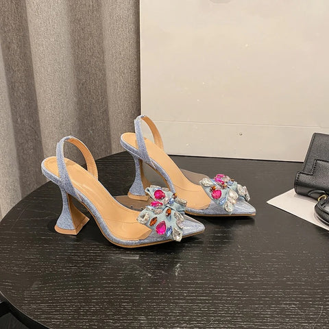 New Fashion Bowknot  Pumps Sexy Pointed Toe Blue Denim High Heel PVC Transparent Sandal CODE: KAR2812