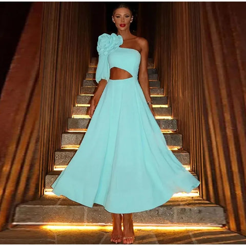 Summer Big 3D Flower One-shoulder Sexy Waist Hollow Out Midi Dress CODE: KAR2816