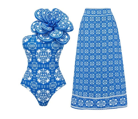 New 3D Flower Printed Swimsuit and Skirt CODE: KAR2869
