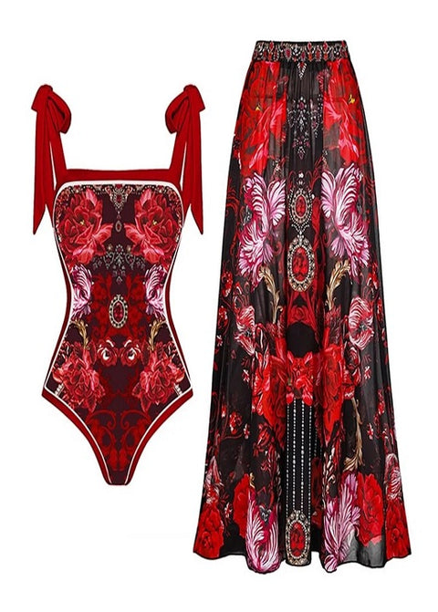 Retro Print Ruffle Edge One Piece With Skirt Swimwear CODE: KAR2844
