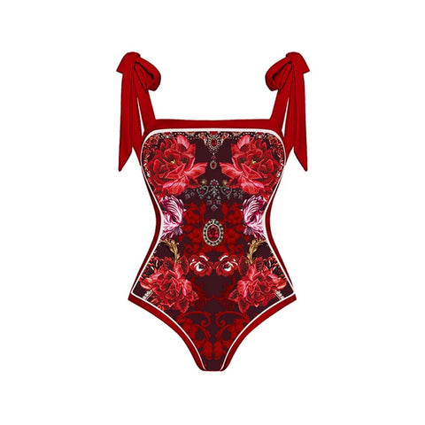 Retro Print Ruffle Edge One Piece With Skirt Swimwear CODE: KAR2844