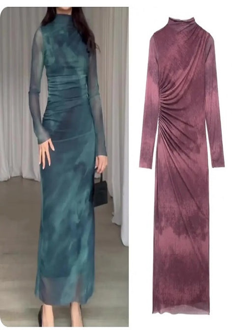 New Pleated Midi Slim Fit Solid Color Long Sleeve Dress CODE: KAR3064