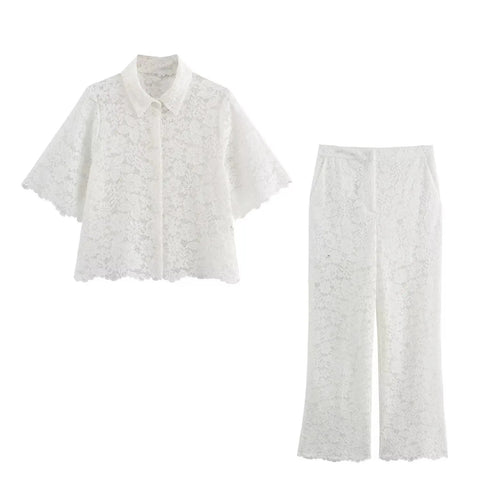 New Lace Hollow Sexy Short Top and Naked Straight Leg Wide Leg Pant CODE: KAR3121