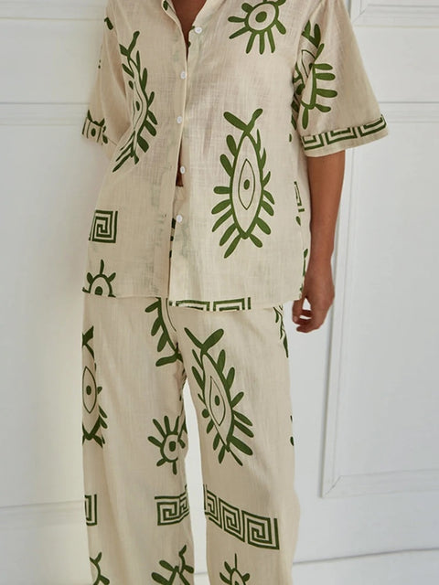 New Printing Half Sleeve Turn-Down Collar Pajama 2 Piece Set CODE: KAR3149