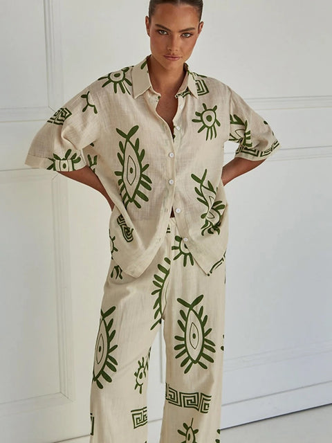 New Printing Half Sleeve Turn-Down Collar Pajama 2 Piece Set CODE: KAR3149