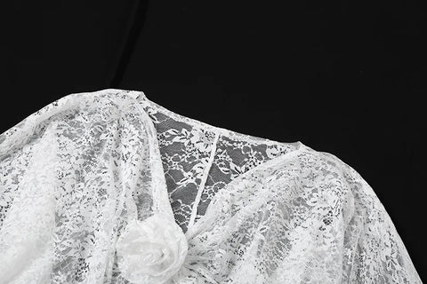 Sexy Floral Applique Out Wrap Lace Elegant Batwing Sleeve Cropped Top CODE: KAR3152