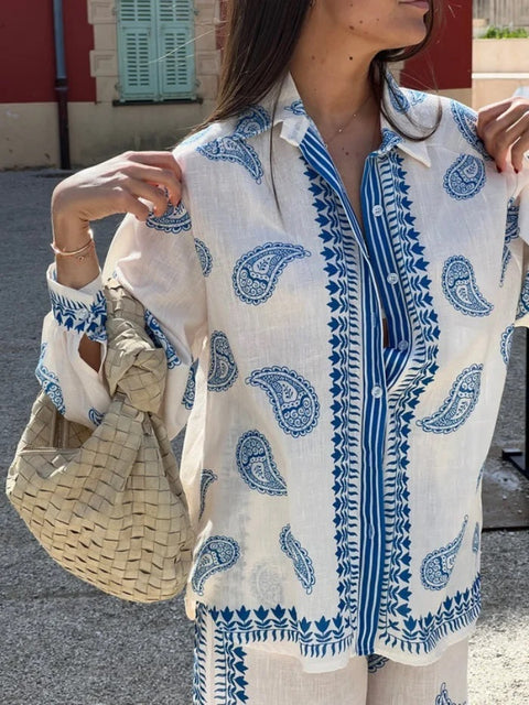 New Ethnic Style Print Long Sleeve Shirt With Elastic Trouser Set CODE: KAR3161