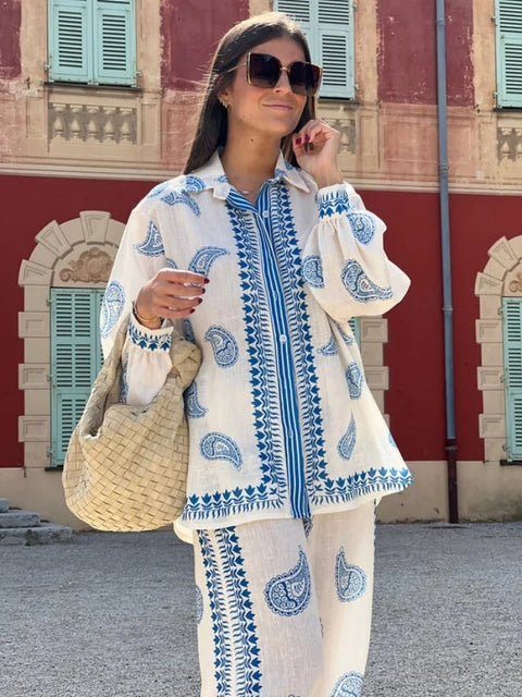 New Ethnic Style Print Long Sleeve Shirt With Elastic Trouser Set CODE: KAR3161