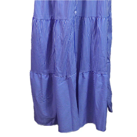 New Striped Short Sleeve Turn-down Collar Single Breasted Bandage Sashes A-line Maxi Dress CODE: KAR3163