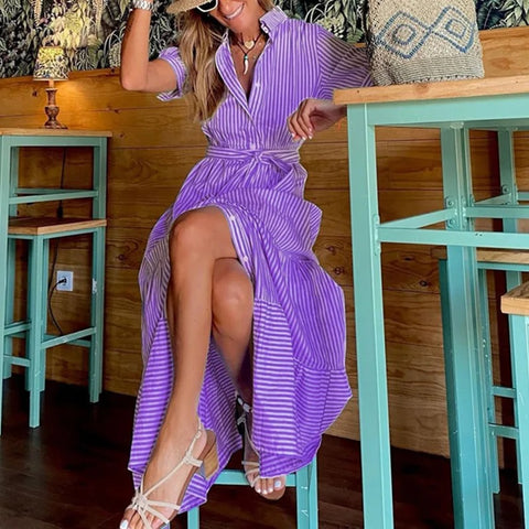 New Striped Short Sleeve Turn-down Collar Single Breasted Bandage Sashes A-line Maxi Dress CODE: KAR3163