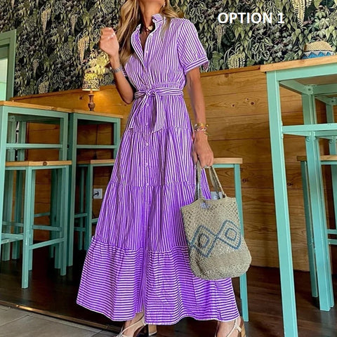 New Striped Short Sleeve Turn-down Collar Single Breasted Bandage Sashes A-line Maxi Dress CODE: KAR3163