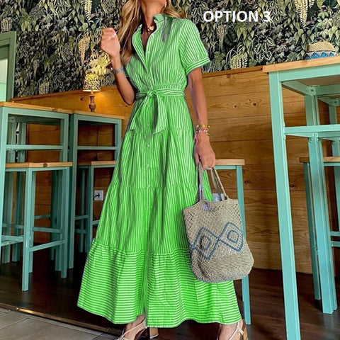 New Striped Short Sleeve Turn-down Collar Single Breasted Bandage Sashes A-line Maxi Dress CODE: KAR3163