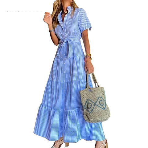 New Striped Short Sleeve Turn-down Collar Single Breasted Bandage Sashes A-line Maxi Dress CODE: KAR3163