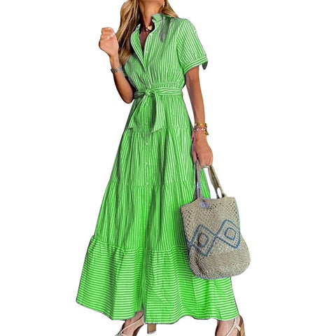 New Striped Short Sleeve Turn-down Collar Single Breasted Bandage Sashes A-line Maxi Dress CODE: KAR3163