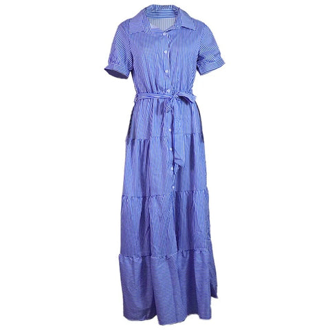 New Striped Short Sleeve Turn-down Collar Single Breasted Bandage Sashes A-line Maxi Dress CODE: KAR3163