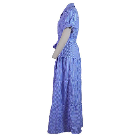 New Striped Short Sleeve Turn-down Collar Single Breasted Bandage Sashes A-line Maxi Dress CODE: KAR3163
