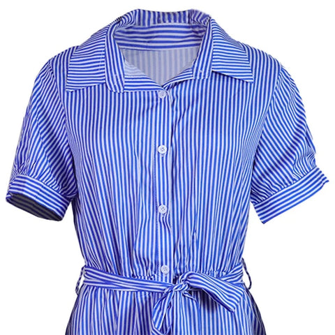 New Striped Short Sleeve Turn-down Collar Single Breasted Bandage Sashes A-line Maxi Dress CODE: KAR3163