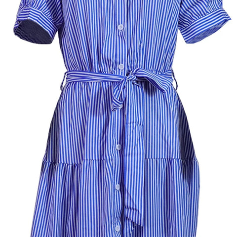 New Striped Short Sleeve Turn-down Collar Single Breasted Bandage Sashes A-line Maxi Dress CODE: KAR3163