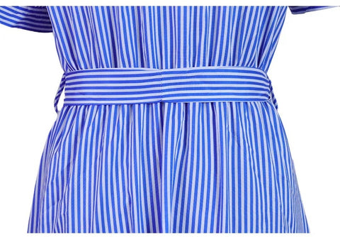 New Striped Short Sleeve Turn-down Collar Single Breasted Bandage Sashes A-line Maxi Dress CODE: KAR3163