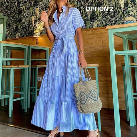 New Striped Short Sleeve Turn-down Collar Single Breasted Bandage Sashes A-line Maxi Dress CODE: KAR3163