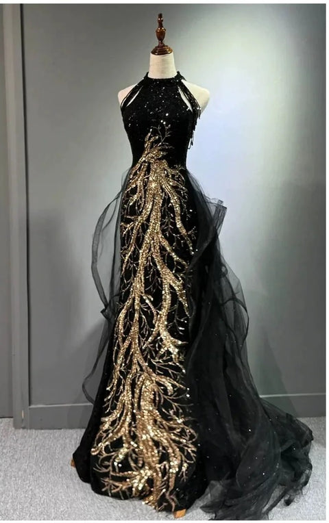 New Fashion Sequins Tassel Banquet Sleeveless Halter Fishtail Formal Dress CODE: KAR3167