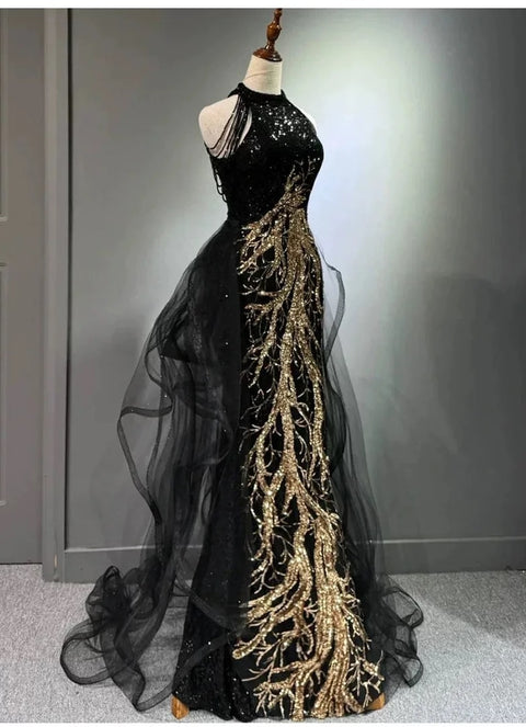 New Fashion Sequins Tassel Banquet Sleeveless Halter Fishtail Formal Dress CODE: KAR3167