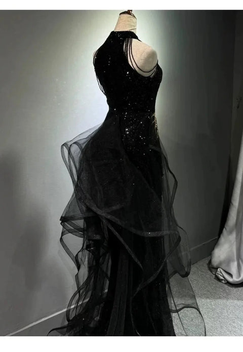 New Fashion Sequins Tassel Banquet Sleeveless Halter Fishtail Formal Dress CODE: KAR3167