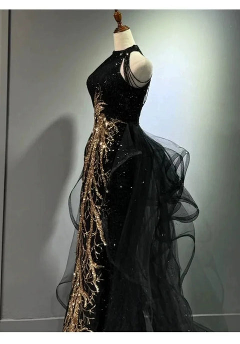 New Fashion Sequins Tassel Banquet Sleeveless Halter Fishtail Formal Dress CODE: KAR3167