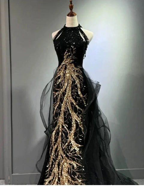 New Fashion Sequins Tassel Banquet Sleeveless Halter Fishtail Formal Dress CODE: KAR3167