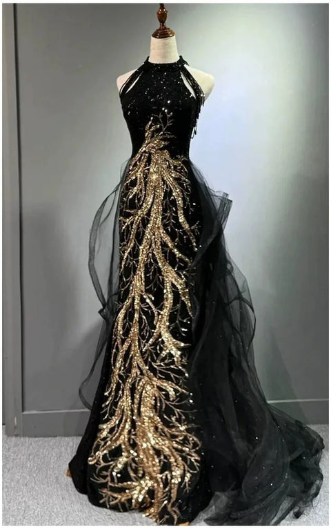 New Fashion Sequins Tassel Banquet Sleeveless Halter Fishtail Formal Dress CODE: KAR3167