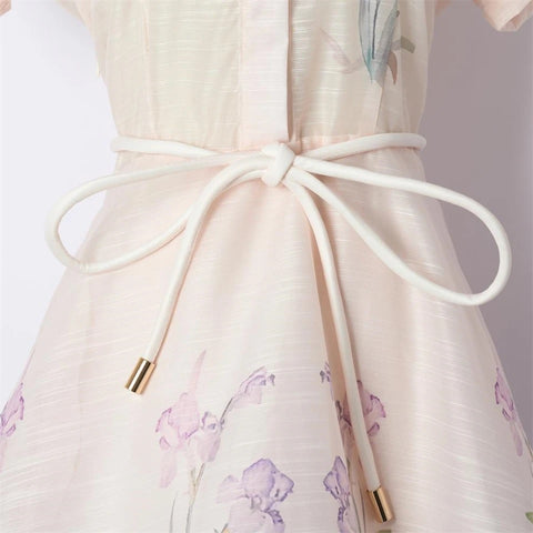 New Summer Floral Print Collar Bow Tie Scarf Neck Flare Sleeve Midi Dress CODE: KAR3173