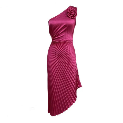 One Shoulder Flower Decor Hollow Out Backless Sleeveless Irregular Hem Cocktail Midi Dress CODE: KAR3177