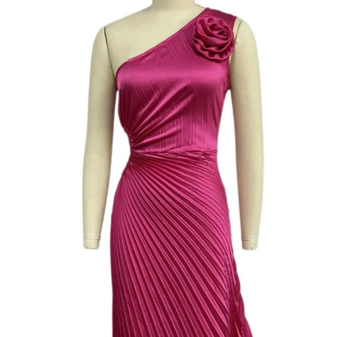 One Shoulder Flower Decor Hollow Out Backless Sleeveless Irregular Hem Cocktail Midi Dress CODE: KAR3177