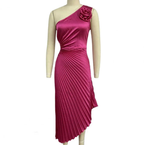 One Shoulder Flower Decor Hollow Out Backless Sleeveless Irregular Hem Cocktail Midi Dress CODE: KAR3177