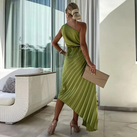 One Shoulder Flower Decor Hollow Out Backless Sleeveless Irregular Hem Cocktail Midi Dress CODE: KAR3177