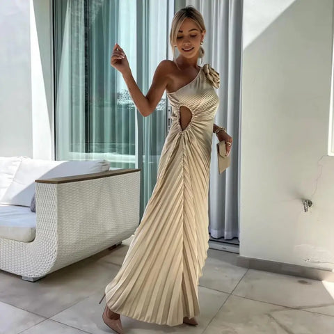 One Shoulder Flower Decor Hollow Out Backless Sleeveless Irregular Hem Cocktail Midi Dress CODE: KAR3177