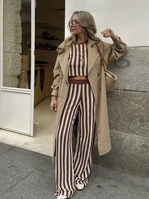 New O Neck Sleeveless Knitted Stripe Short Vest Crop Top High Waist Elastic Waist Long Pant Set CODE: KAR3180