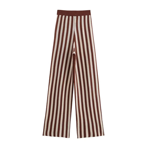 New O Neck Sleeveless Knitted Stripe Short Vest Crop Top High Waist Elastic Waist Long Pant Set CODE: KAR3180