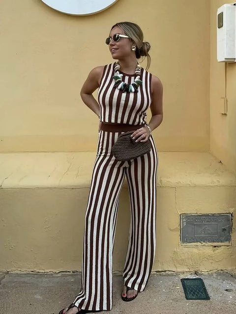 New O Neck Sleeveless Knitted Stripe Short Vest Crop Top High Waist Elastic Waist Long Pant Set CODE: KAR3180