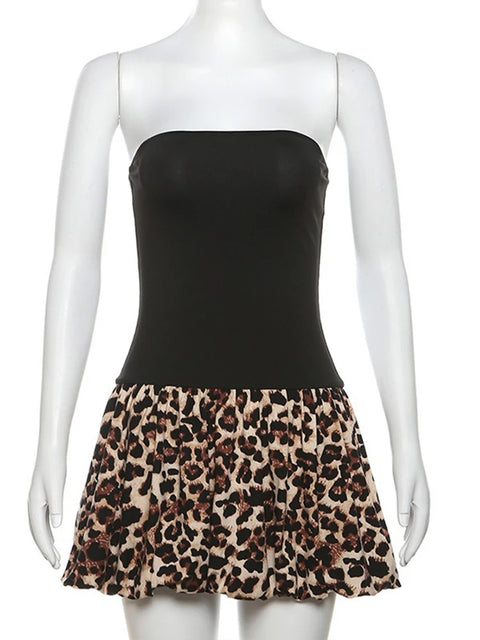 New Leopard Print Strapless Line Sexy Elegant Luxury Party Evening Short Dress CODE: KAR3206