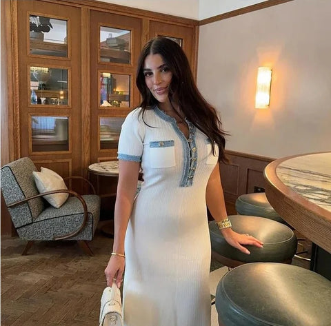New V Neck Patchwork Short Sleeved Buttons Pockets Robes Bodycon Long Dress CODE: KAR3221