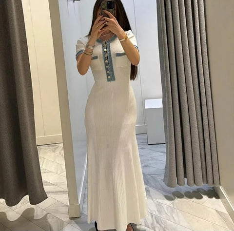 New V Neck Patchwork Short Sleeved Buttons Pockets Robes Bodycon Long Dress CODE: KAR3221