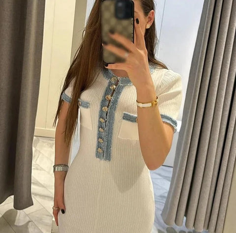 New V Neck Patchwork Short Sleeved Buttons Pockets Robes Bodycon Long Dress CODE: KAR3221
