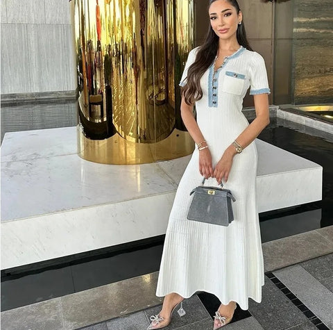 New V Neck Patchwork Short Sleeved Buttons Pockets Robes Bodycon Long Dress CODE: KAR3221
