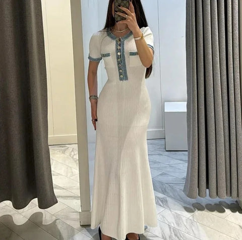 New V Neck Patchwork Short Sleeved Buttons Pockets Robes Bodycon Long Dress CODE: KAR3221