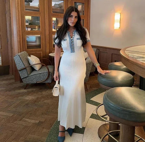 New V Neck Patchwork Short Sleeved Buttons Pockets Robes Bodycon Long Dress CODE: KAR3221