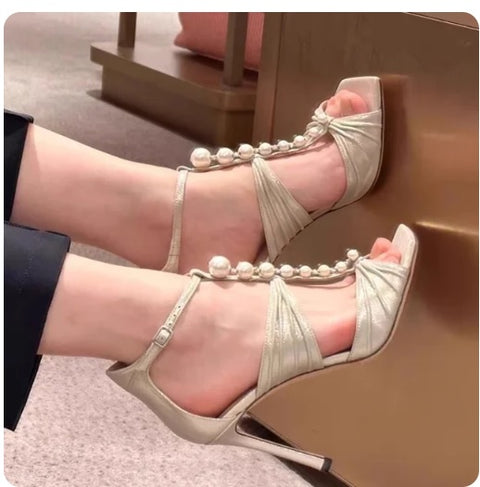 New Square Head Open Toe Sexy Pearl Fold Water Diamond Casual Simple Buckle Bag Heel CODE: KAR3234