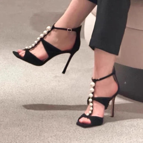 New Square Head Open Toe Sexy Pearl Fold Water Diamond Casual Simple Buckle Bag Heel CODE: KAR3234